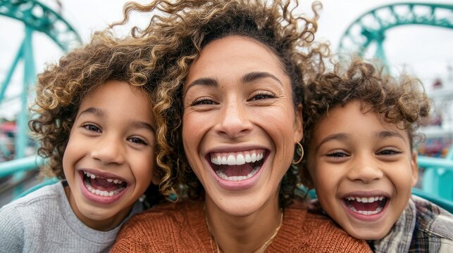 Joyful mother and her two sons laughing together on a roller coaster ride at an amusement park