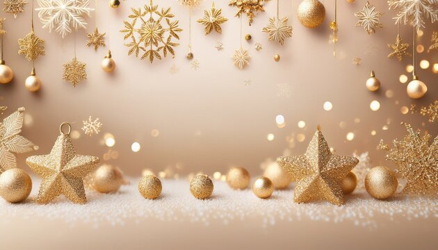 Warm Beige Christmas Background With Gold Sequins And Snowflakes Cozy And Inviting