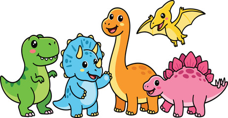 Naklejka premium Cute dinosaur cartoon vector collection featuring tyrannosaurus triceratops brachiosaurus pterodactyl and colorful prehistoric characters