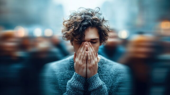 Young man with curly hair covering his face in distress amidst a blurred crowd