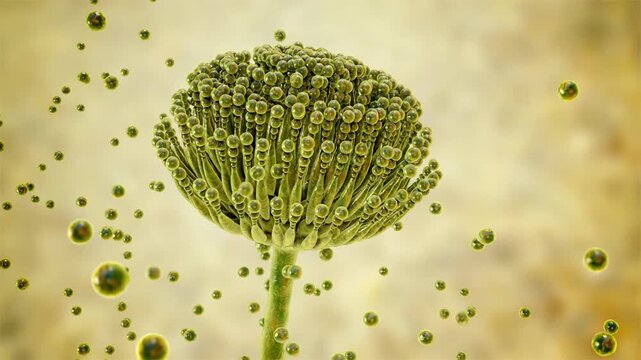 Aspergillus fungal structures, 3D animation showing slowly rotating hyphae and conidia, illustrating opportunistic mould associated with respiratory infections.