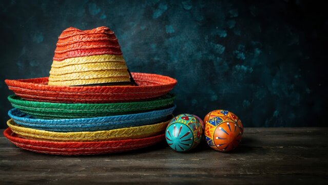 Stacked colorful straw hats with decorated Easter eggs on a wooden table