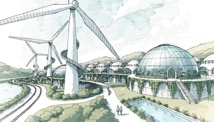 Fototapeta premium A conceptual sketch of an integrated village powered by massive wind turbines and circular greenhouses, pastel color palette, architectural drawing style.