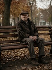 Obraz premium Elderly man sitting on park bench in autumn, reflective senior alone wearing cap and coat
