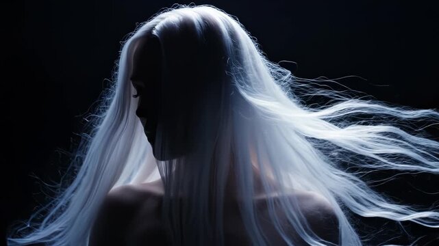 Silhouette of woman with flowing white hair