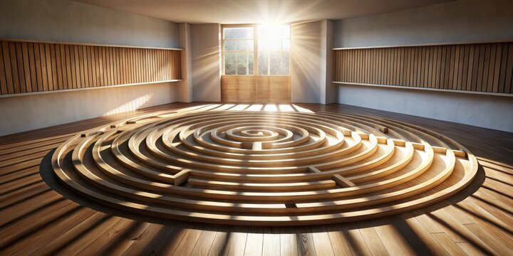 Sunlit Wooden Maze in a Minimalist Room A Conceptual Image of Pathfinding and Discovery