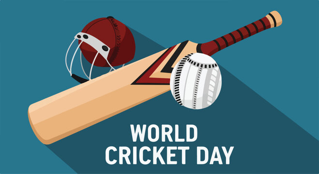 Cricket bat, ball, and helmet on blue background