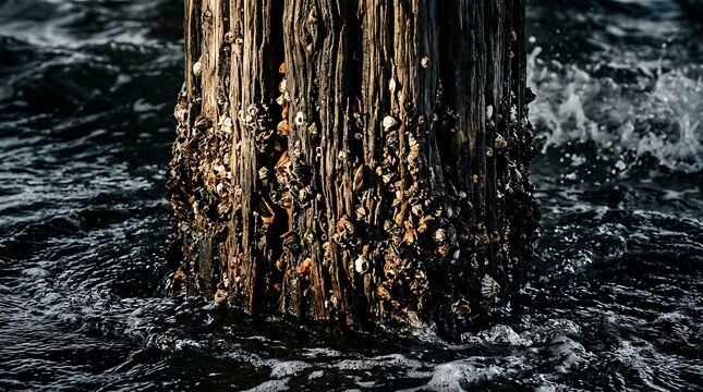 Weathered wooden piling covered in barnacles in the ocean water