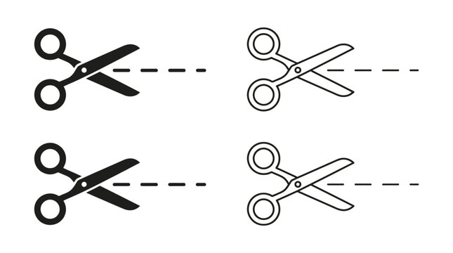 Black vector illustration set featuring simple scissor icons with dashed cut lines on white background