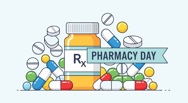 Colorful pharmacy day illustration with pills and medication bottle
