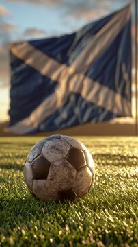 Worn soccer ball on grass field with Scotland flag in background during sunset.