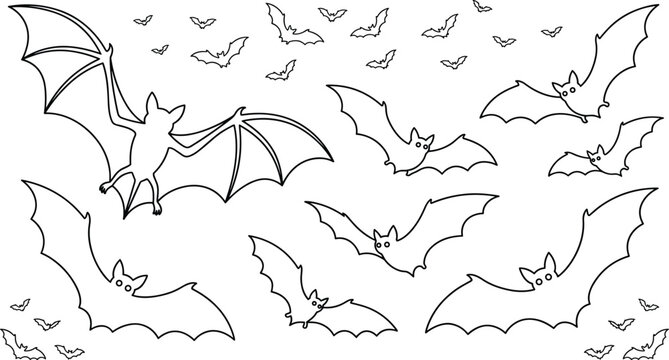 Flying bats and halloween vampire bat line icon set with spooky wings wildlife silhouettes outline elements