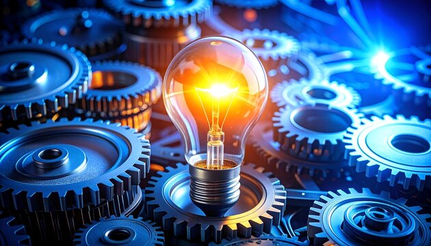 Bright lightbulb illuminates gears in deep blue tones. Metal gears surround the glowing bulb