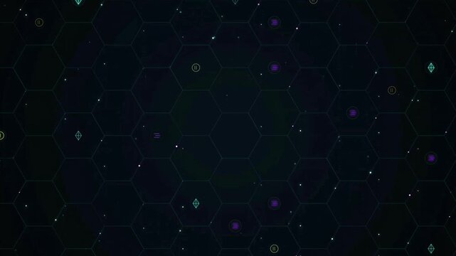 dark hexagonal background with neon symbols