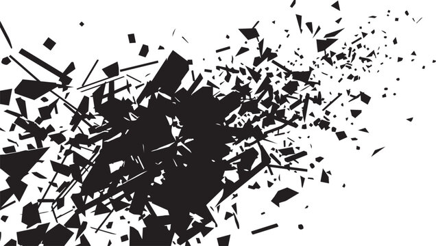 Abstract black shattered geometric shards explosion illustration with high contrast flying debris vector background