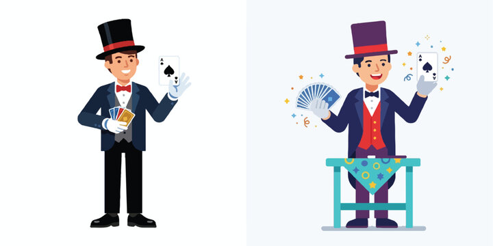 A simple flat design illustration of a magician performing a classic card trick, holding an ace of spades. Minimalist style, vibrant colors, no outline, pure white background.
