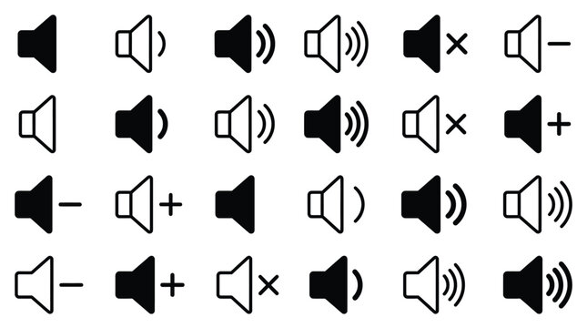 Minimalist black and white vector illustration showing a comprehensive set of various audio volume icons