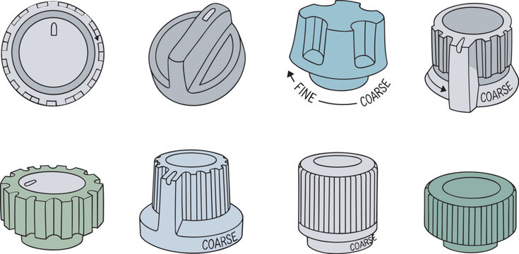 A collection of various industrial control knobs with coarse and fine adjustment settings