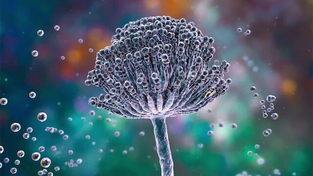 Aspergillus fungal structures, 3D animation showing slowly rotating hyphae and conidia, illustrating opportunistic mould associated with respiratory infections.