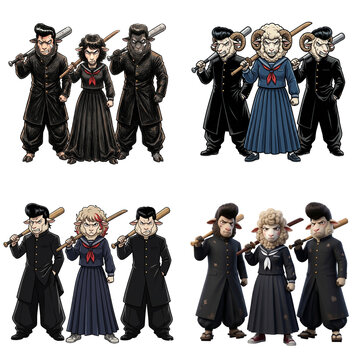 Set of 4 Japanese delinquent sheep characters with school uniforms and weapons