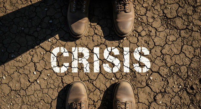 Two pairs of boots stand on cracked, dry earth with the word CRISIS stenciled between them, symbolizing a difficult situation.