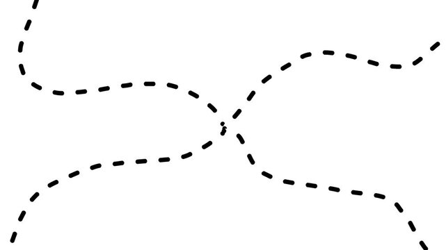 Minimal black dashed route lines crossing a clean white background, playful hand drawn path pattern with curves, movement and open copy space