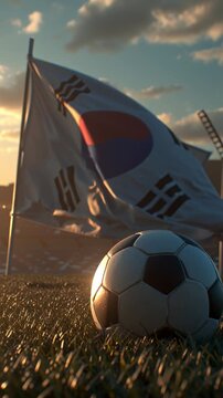 South Korean flag waving next to a soccer ball on a grass field during sunset.