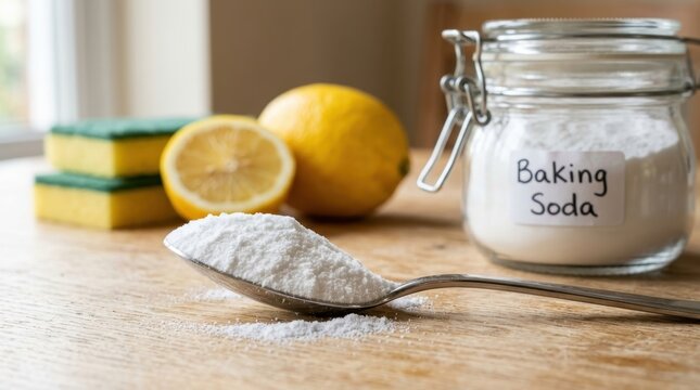 Baking soda and lemon ingredients for natural cleaning and home remedies on a wooden surface
