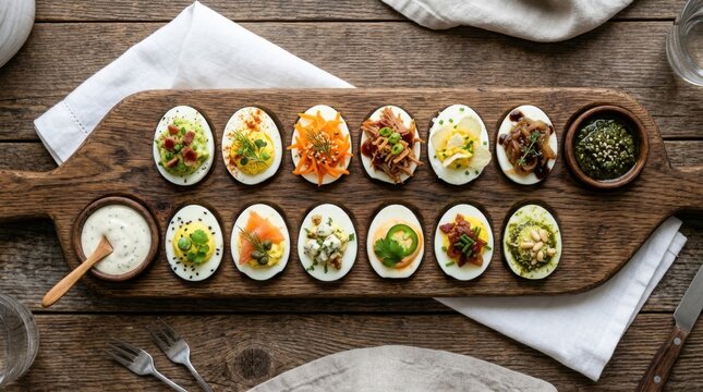 A Delicious Assortment of Gourmet Deviled Eggs Displayed on a Rustic Wooden Board