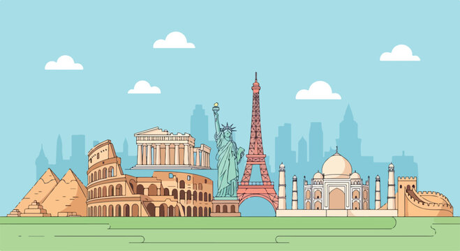 Colorful illustration of famous landmarks