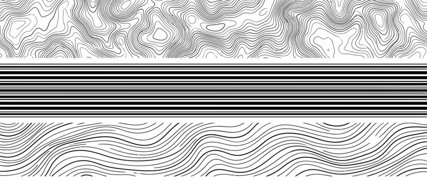 Abstract topographic map lines, parallel stripes, and wavy patterns in black and white