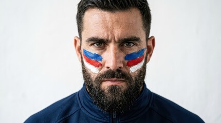 Obraz premium Patriotic man with painted face and determined gaze