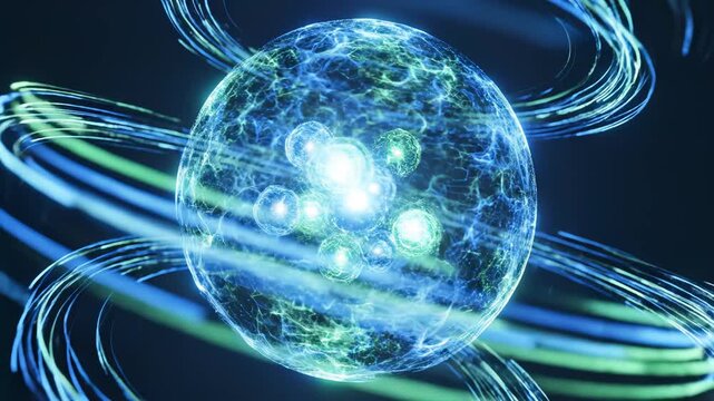 Abstract glowing sphere with orbiting lines
