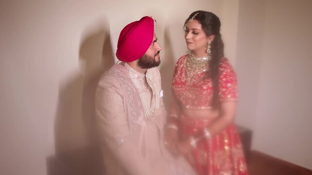 Mid Shot of Romantic Sikh Indian Bride And Groom at Wedding Day