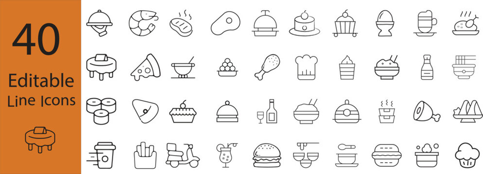 Restaurant line icon set featuring food, menu,delivery, wine, beer, fast, chef