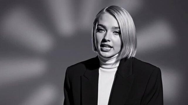 Woman speaking in black and white studio portrait. Caucasian professional explaining concept with gestures to camera. Serious then smiling businesswoman communication.