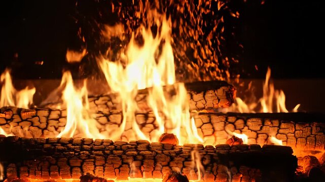Burning firewood logs with flames