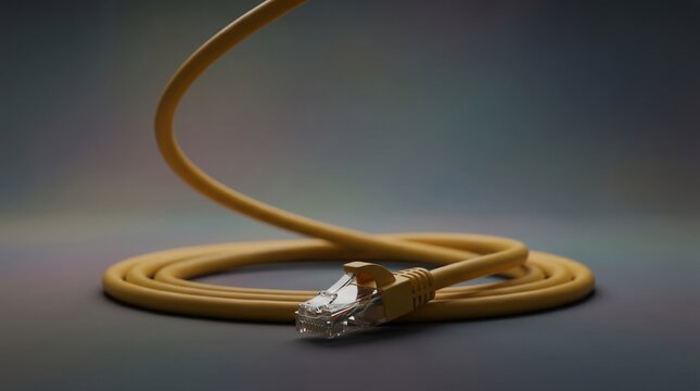 Yellow ethernet cable coiled on a dark background representing high speed network connectivity and modern data communication infrastructure solutions