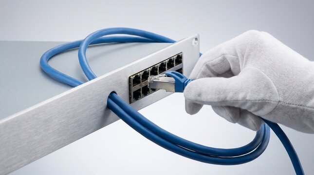 Technician in white glove connecting blue ethernet cable to network switch patch panel for high speed data center infrastructure