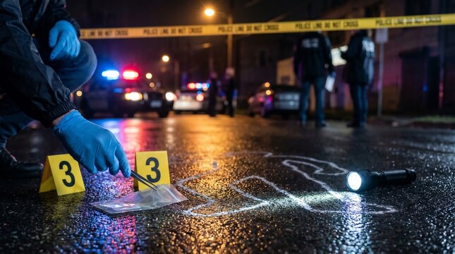 Forensic investigator collects crime scene evidence at night with police lights and chalk outline in background to solve a serious legal investigation