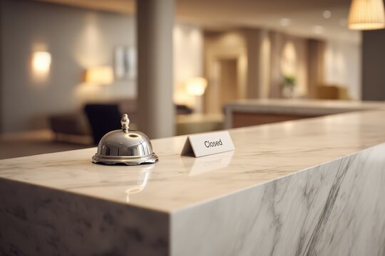 Closed sign on white marble hotel reception desk with a silver bell in a quiet lobby