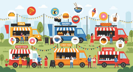 Naklejka premium Colorful illustration of food trucks and city skyline