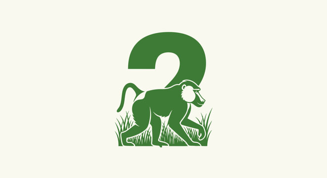 Green Number Two with Monkey and Grass Illustration.