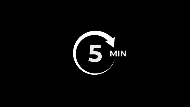 5 Min arrow clock icon animation. 5 minute animation on black background and creating a stunning 4k video.