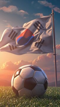 Soccer ball on grass with South Korean flag waving at sunset.