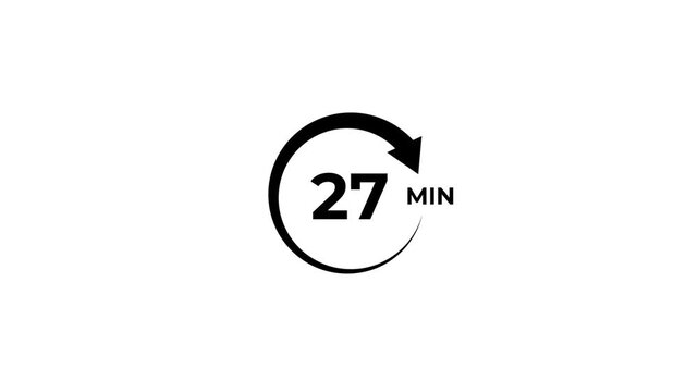 27 Min arrow clock icon animation. 27 minute animation on white background and creating a stunning 4k video.