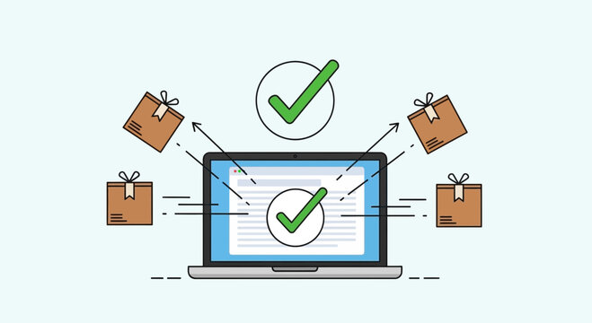 Successful Online Order Confirmation with Delivery Packages and Laptop