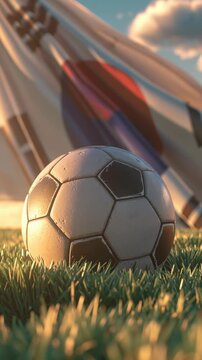 Soccer ball on grass with South Korean flag waving at sunset.