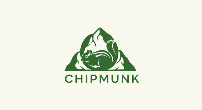 Chipmunk logo with green leaves and mountain design.