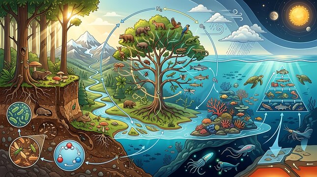 Comprehensive ecological diagram showing biological and nature cycles